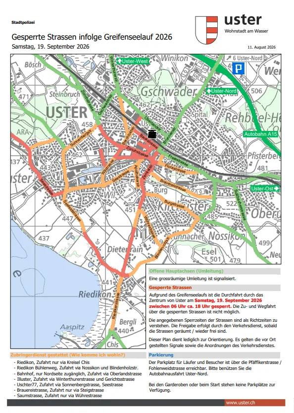 Am Samstag, 19. September, lohnt es sich, Uster zu umfahren. Man sieht einen Plan der Stadtpolizei Uster, der die Strassensperrungen wegen des Greifenseelaufs aufzeigt.